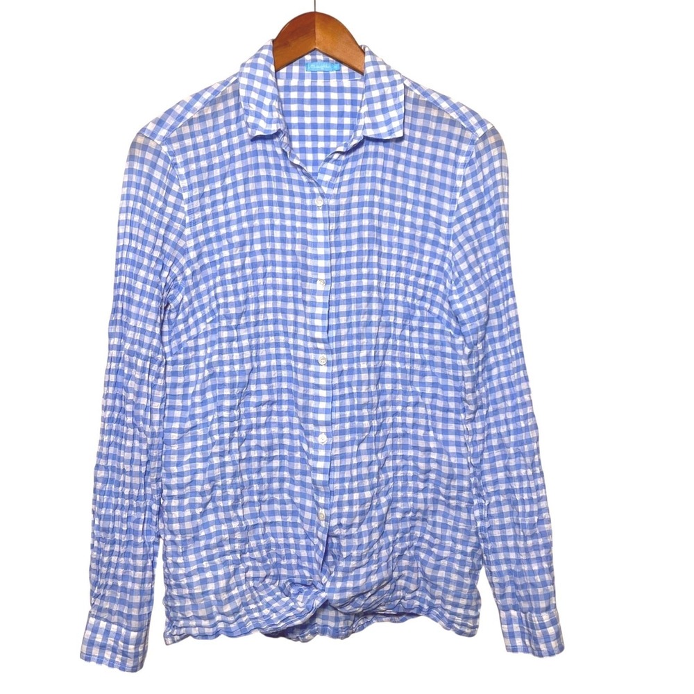 J. McLaughlin Button Down Top Womens XS Tie Front Blue Gingham Seersucker Summer